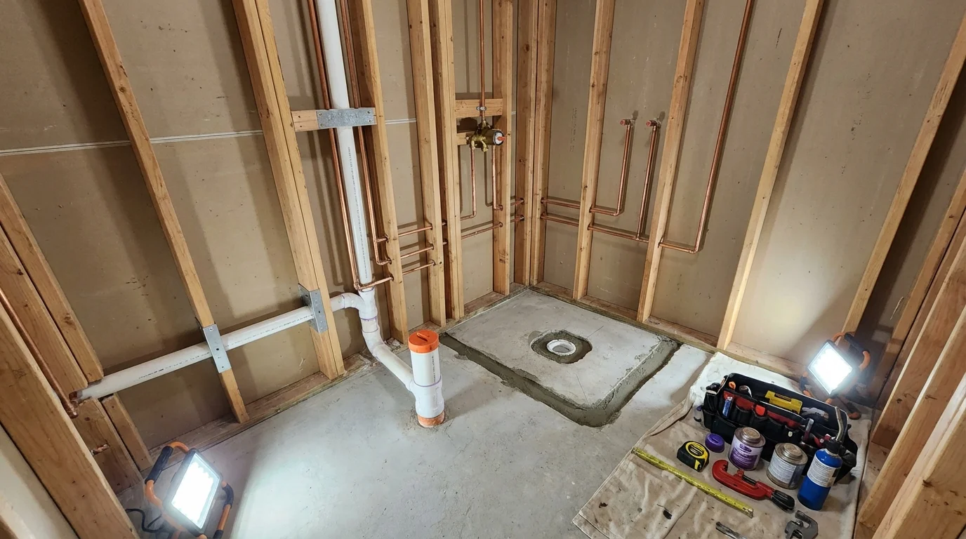 Bathroom rough-in plumbing during remodel by Johns Plumbing LLC in Palos Park