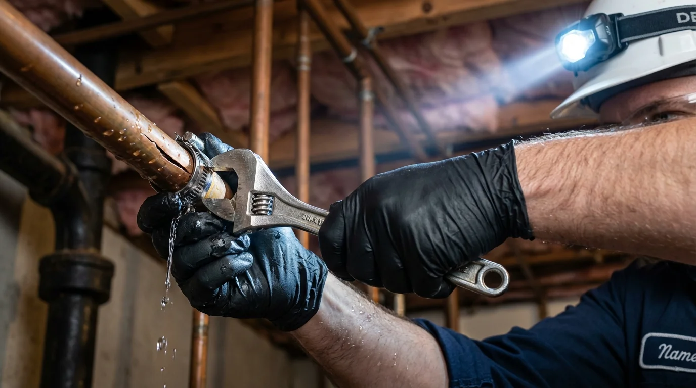 Emergency pipe clamp repair being performed by a Johns Plumbing LLC plumber in Palos Park