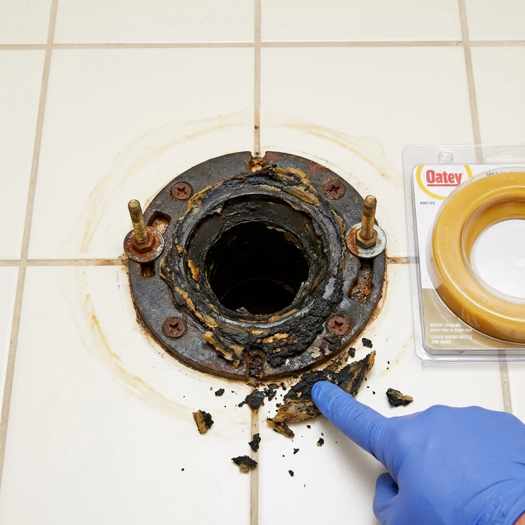 Failed wax ring showing water seepage at the base of a toilet in a Palos Park, IL home